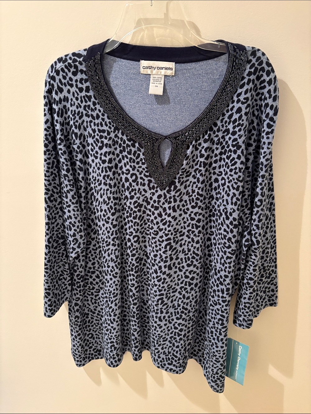Cathy Daniels Blue and Black Leopard Print Long-Sleeve Top with Beaded V-Neck